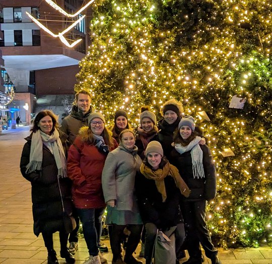 Colleagues from the Lotter research group stand in front of a large Christmas tree with lots of lights in the pedestrian zone of Hamburg's Hafencity