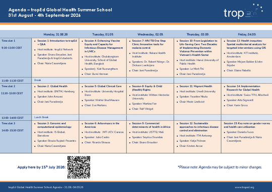 Alt text: "TropEd Global Health Summer School Agenda from August 31- September 4, Note indicates changes may occur."