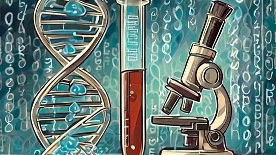 Grünliche Grafik, die das Thema "KI in Biologie und Medizin" visualisiert: Vorne rechts ein schwarz-graues Mikroskop, mittig ein rötlich gefülltes Reagenzglas, vorne links ein DNA-Strang und im Hintergrund Binärcodes mit Einsen und Nullen.