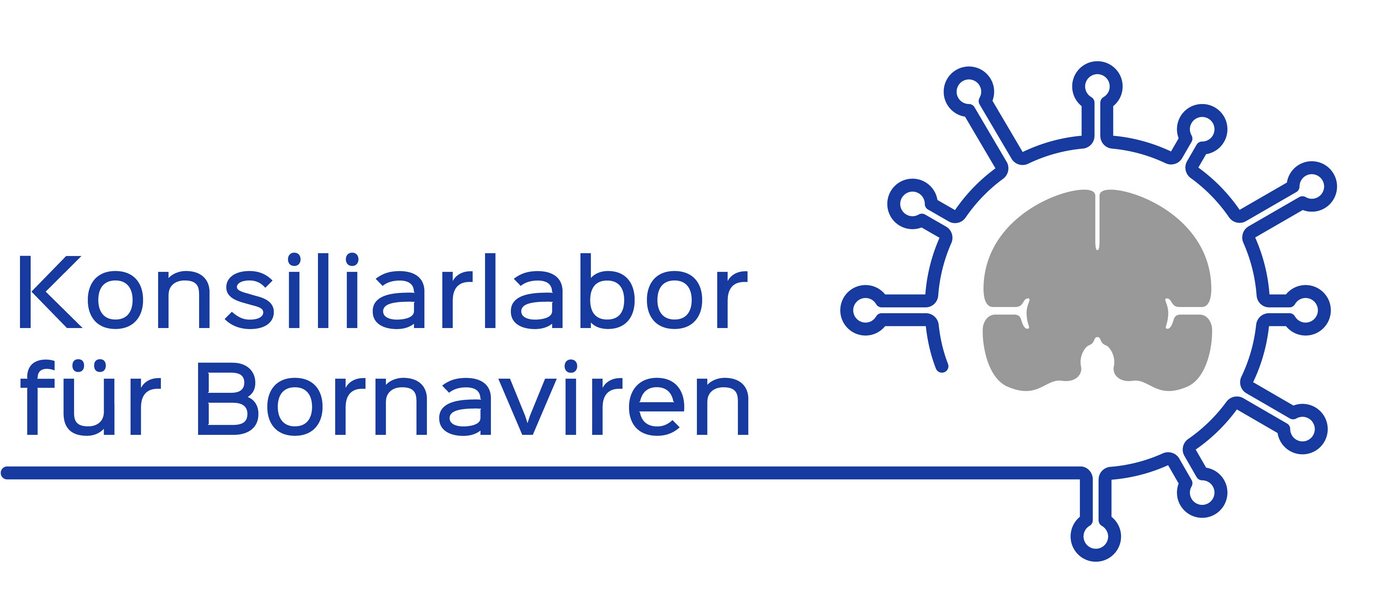 Logo Konsiliarlabor Bornaviren: Im linken Teil des Logos steht in blauer Schrift Konsiliarlabor, in einer zweiten Reihe für Bornaviren. Darunter eine blaue Linie, aus der sich im rechten Teil des Bildes eine Virushülle um die schematische graue Darstellung eines Gehirnes legt.