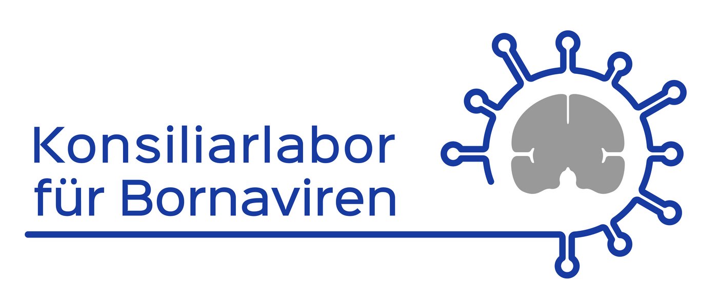 Logo Konsiliarlabor Bornaviren: Im linken Teil des Logos steht in blauer Schrift Konsiliarlabor, in einer zweiten Reihe für Bornaviren. Darunter eine blaue Linie, aus der sich im rechten Teil des Bildes eine Virushülle um die schematische graue Darstellung eines Gehirnes legt.