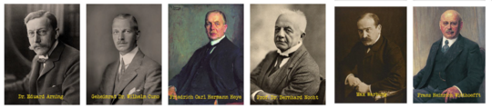 Founders of the ‘Association of Friends of the Hamburg Tropical Institute’ A series of six formal portraits of men in suits, each labeled with a name in yellow lettering at the bottom of the image.