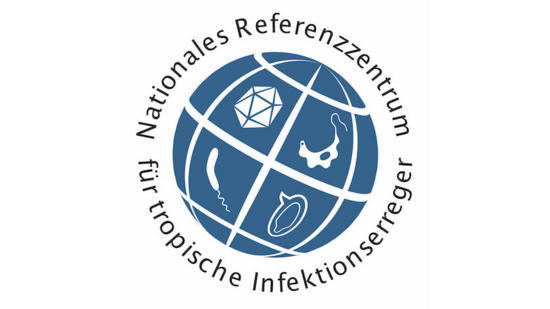 LOGO NRZ Blue globe with symbols in white. In addition, the name of the centre in black letters around it: National Reference Centre for Tropical Infectious Agents.