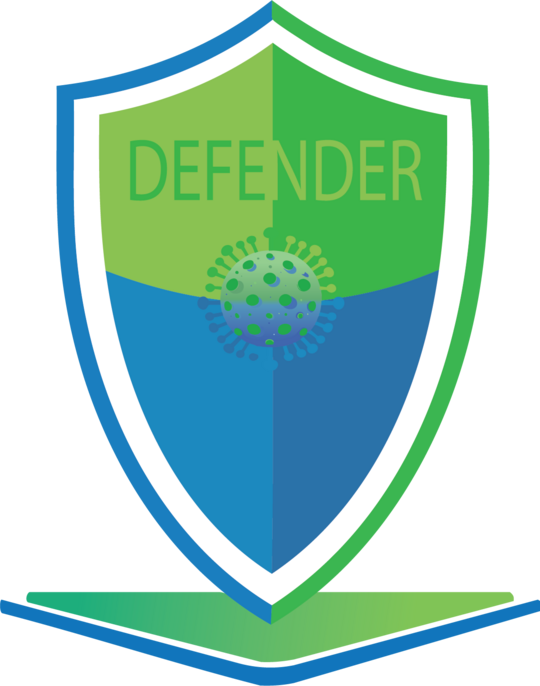 Ein Schild mit einer schematischen Darstellung eines Virus und dem Überschrift "Defender"