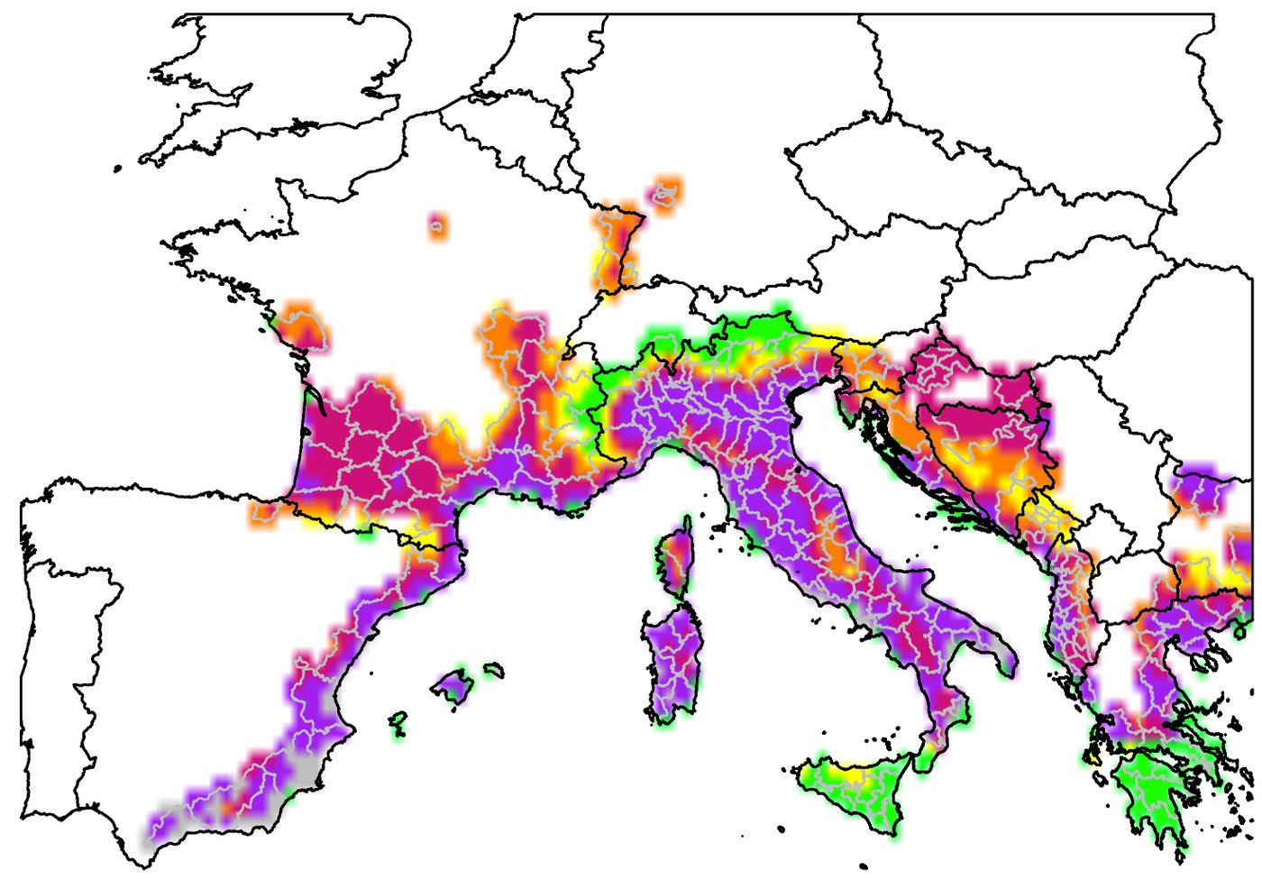 Risikokarte für das Chikungunya-Virus in Europa. Grafik: Renke Lühken, BNITM