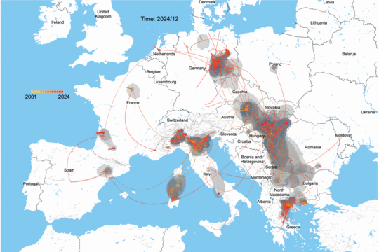 Ausbreitung WNV in Europa Es ist eine Landkarte von Europa zu sehen. Eingezeichnet sind rote Flächen, die die Gebiete, in den das WNV vorkommt, zeigen. Mit schwarzen Linien sind die Ausbreitungen des Virus dargestellt.