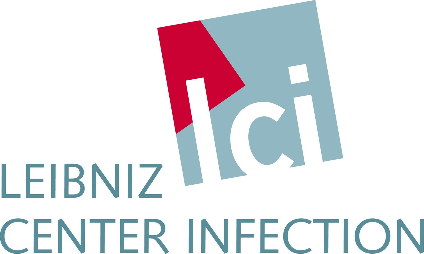 LCI Logo Logo Leibniz Center Infection: in blau-grau steht in der Mitte des Logos Leibniz, daneben ist ein angewinkeltes ebenfalls blaue-graues Rechteck, bei dem eine Ecke asymetrisch in rot eingefasst ist. In dem Recheckt sieht man in weiß die Buchstaben L C I. Unter Leibniz steht ebenfalls in blau-grau Center Infection.