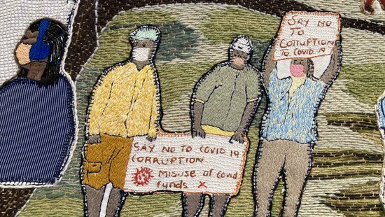 Piece of Artwork showing three men in a demonstration wearing masks. They are holding a sign that says: Say no to covid 19 corruption, misuese of covid funds.
