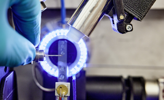 Direkter Blick auf die Probe in der Protein-Röntgenkristallographie Das Bild zeigt eine blau leuchtende Messapparatur.