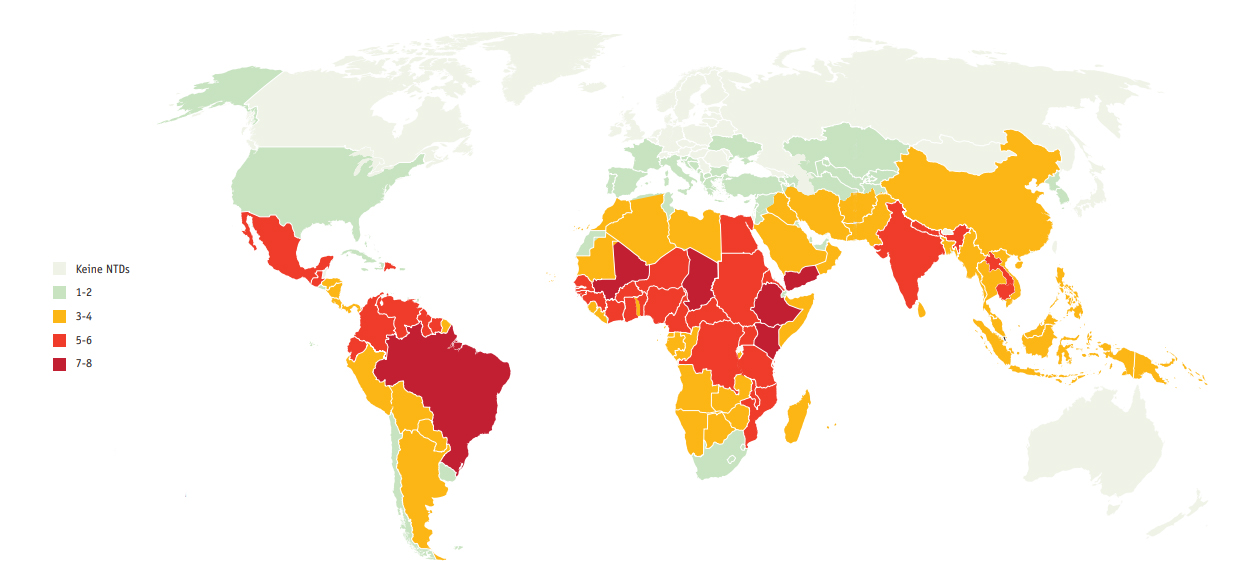 Das Bild zeigt die Weltkarte. Besonders betroffene Gebiete in Äquatornähe sind dunkelrot und rot, Indien und Nordafrika beige und die USA und große Teile Europas hellgrün: wenig betroffen also.