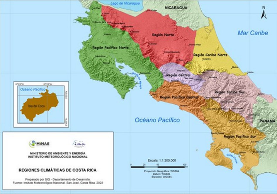 Climate zones in Costa Rica Climate zones in Costa Rica (seven climate zones, each represented by a different colour)