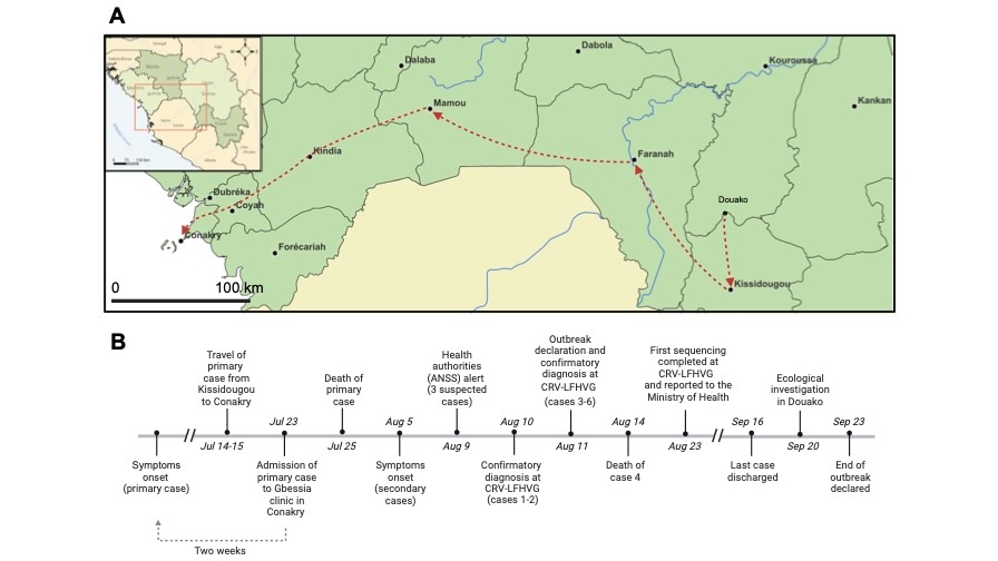 Geografische und zeitliche Timeline Die Abbildung zeigt einen Teil Guineas als Lankarte mit einem eingezeichneten Weg der ersten mit dem Lassafieber infizierten Person. Darunter sind die zeitlichen Ereignisse verzeichnet.