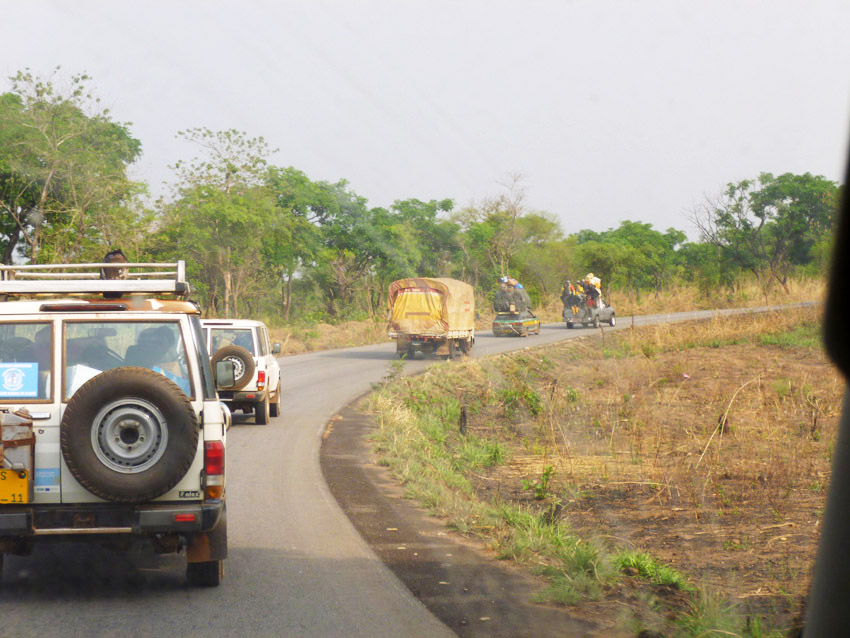 Das Bild zeigt eine Wagenkolonne beim Transport des EMLab Materials in Guinea