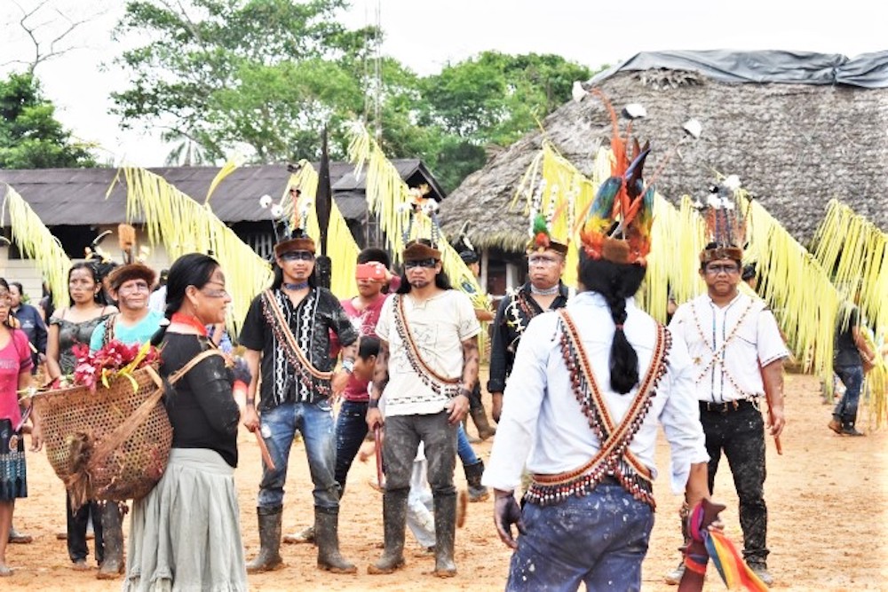 A group of people with indigenous head and body decorations, as well as face painting. A woman carries a basket with colorful leaves and flowers on her back and some people carry yellow palm fronds.