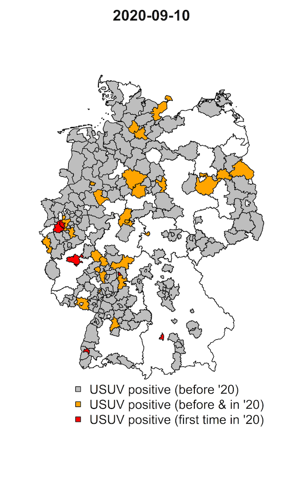 Das Bild zeigt die Verbreitungskarte des Usutu-Virus in Deutschland.