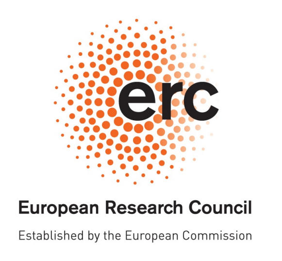 ERC Logo: Eine Sonne, die aus mehreren orangen Punkten angedeutet ist. in der Mitte steht der kleine Buchstabe "e", daneben r und c. Unter dem logo steht der Slogan European research Council, Established by European Commission