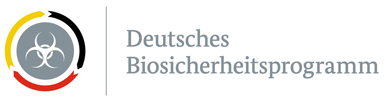 Logo Deutschen Biosicherheitsprogramms: ein Biohazard Zeichen in weiß auf grauem Grund, das von den Farben der deutschen Flagge umringt ist. Daneben steht in grau der Schriftzug Deutschen Biosicherheitsprogramms.