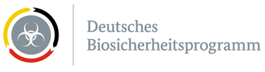 Logo Deutschen Biosicherheitsprogramms Logo Deutschen Biosicherheitsprogramms: ein Biohazard Zeichen in weiß auf grauem Grund, das von den Farben der deutschen Flagge umringt ist. Daneben steht in grau der Schriftzug Deutschen Biosicherheitsprogramms.
