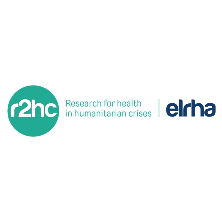 Logo Elrha’s Research for Health in Humanitarian Crises (R2HC) in blue and turquoise letters