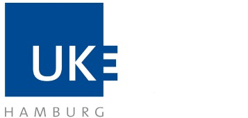 Das Bild zeigt das Logo des Uniklinikums Hamburgs. Zu sehen ist ein blaues Rechteck, bei dem rechts unten die Buchstaben U und K in weiß und ein blaues E außerhalb des blauen Rechtecks stehen, sodass sich der Schriftzug UKE ergibt. Unter dem blauen Rechteck steht Hamburg.