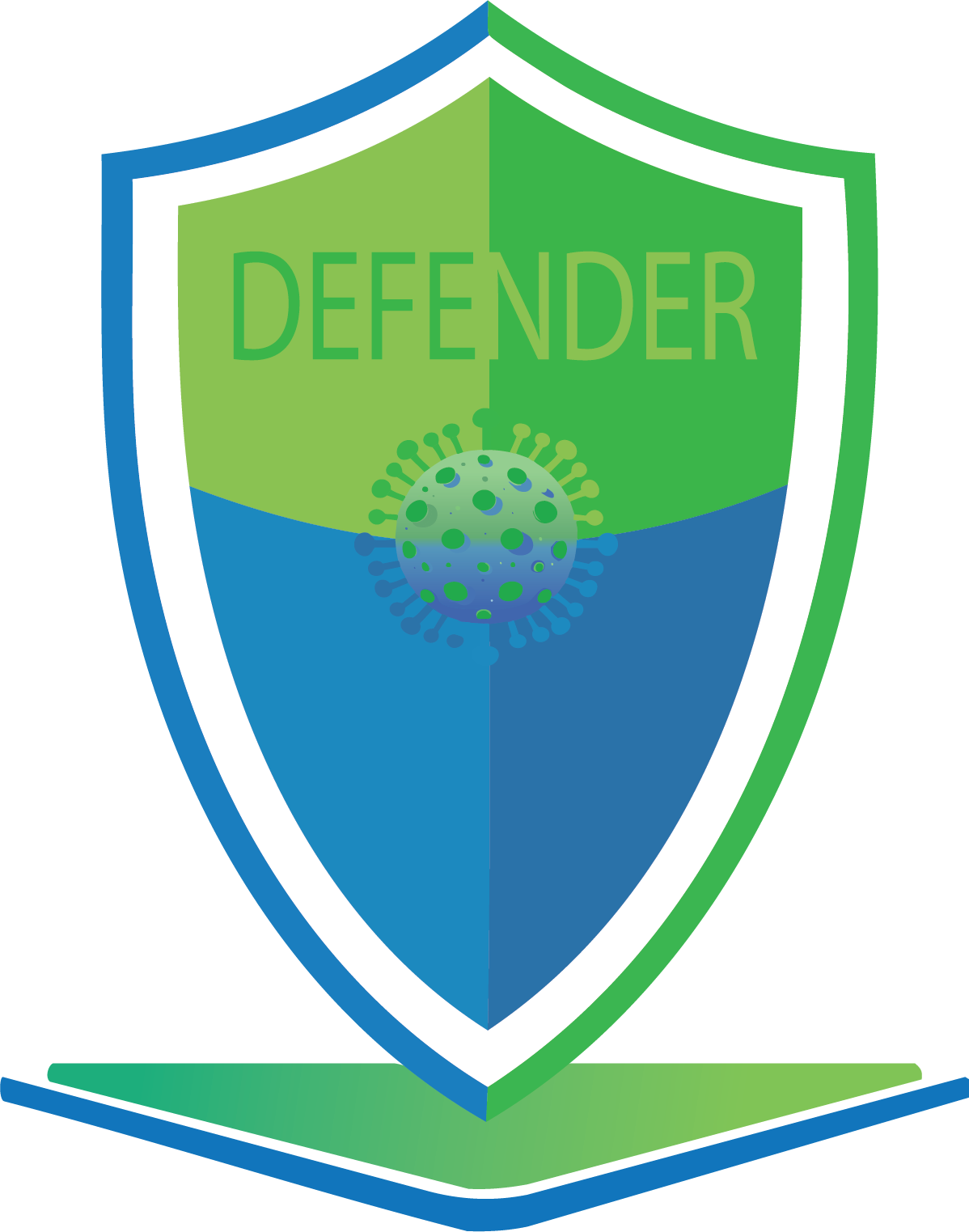 Defender Logo Ein Schild mit einer schematischen Darstellung eines Virus und dem Überschrift "Defender"