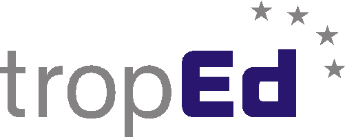 Logo tropEd: zu sehen ist der hellgraue Schriftzug "trop", der durch den blauen, in dicker Schrift "Ed" verfolständigt wird. Über dem "d" sind 4 graue Steren bogenförmig gespannt.