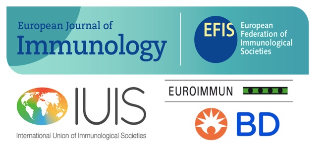 Logo EFIS: ein, mit Farbverlauf, blauer Streifen, auf dem links European Journal of Immunologie in blau steht, daneben ein weißer senkrechter Strich, rechts davon ein dunkelblauer Kreis mit hellgelber Schrift EFIS, daneben in weißer Schrift European Federation of Immunological Societie. Darunter mehrere Logos der Sponsoren.