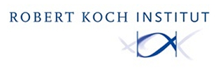 Logo des Robert-Koch-Instituts: Oben steht der Schriftzug Robert Koch Institut in blau. Darunter, im rechten Teil des Logos schlängeln sich zwei Linien umeinander, ähnlich eines beispielhaften DNA-Strange, wobei ein Teil der DNA in dunklem Blau unterlegt ist.