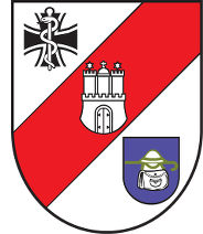 Das Logo des Bundeswehrkrankenhauses Hamburg zeigt ein weißes Wappen mit schrägem roten Mittelstrich und von oben links nach unten rechts drei Einzelwappen.