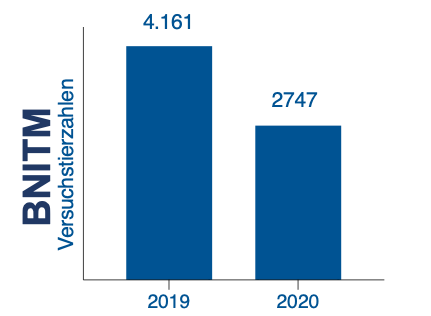 Grafik Balkendiagramm: Versuchstierzahlen am BNITM 2019 (4.161) und 2020 (2.747)