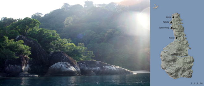 Coastal view of Tioman Island, Malaysia. Inset shows map with major villages of the island.