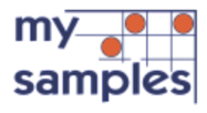 MySamples Logo: Zu sehen ist der blaue Schriftzug "my Sample". Daneben sieht man ein raster, in dem drei orange Punkte eingemalt wurden.