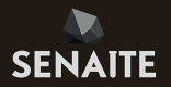 Senaite Logo: Ein schwarzes Rechteck auf dem in grau der Schriftzug Senate steht. in der Mitte darüber ist ein schwarzer Stein angedeutet.