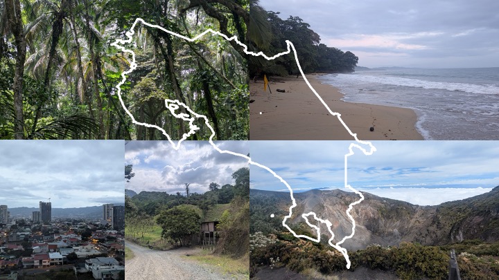 Photo collage of Costa Rica landscapes - rainforest, beach, city, countryside, and volcano crater - overlaid with the white outline of the country.